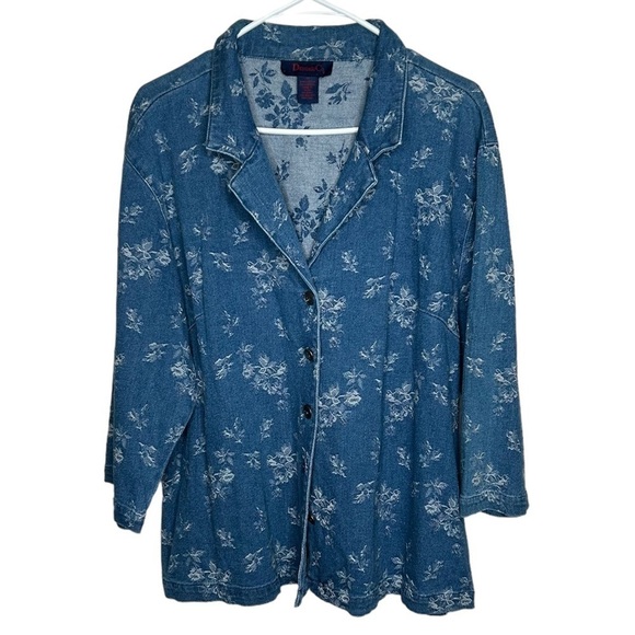 Denim & Co. Women’s Floral Denim Blazer Size 1X Blue White - Picture 1 of 5